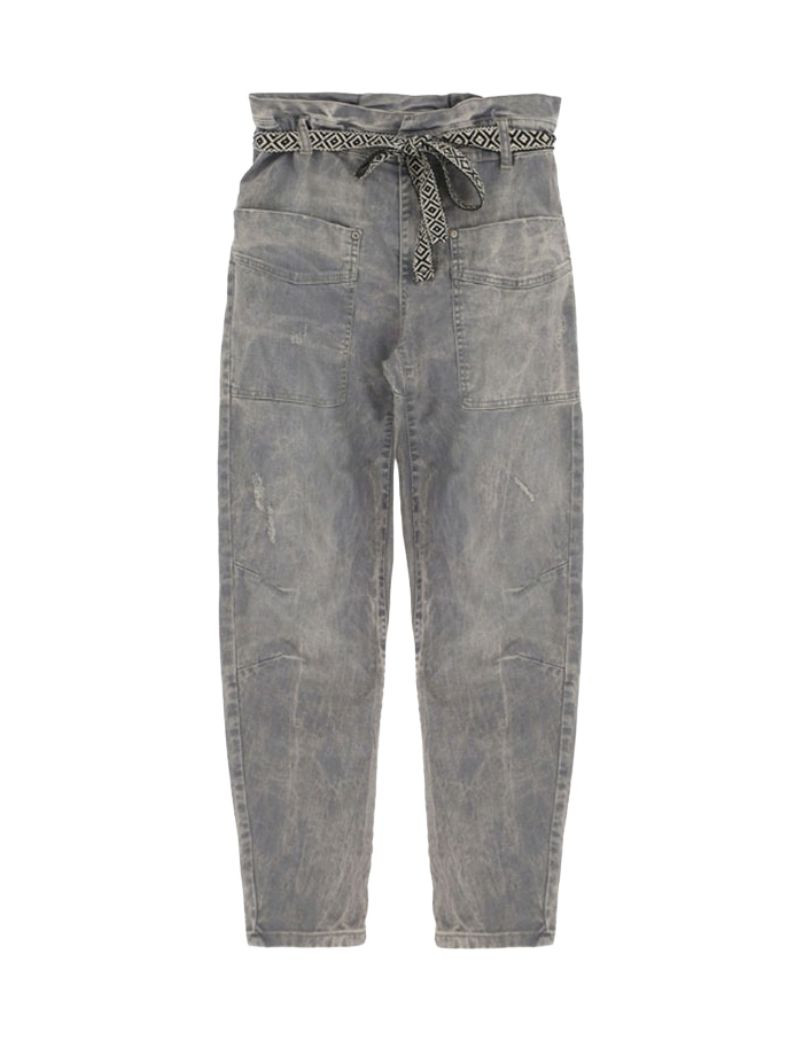 PLEASE PANTALON COUPE CARROT CEINTURE GRIS DENIM