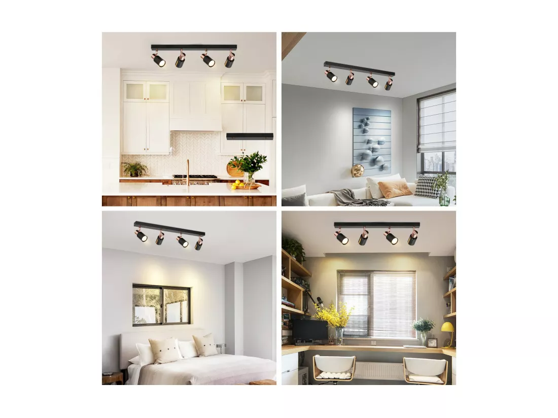 NETTLIFE Spot de plafond 4 ampoules lampe de cuisine GU10 355° plafonnier rotatif spot moderne