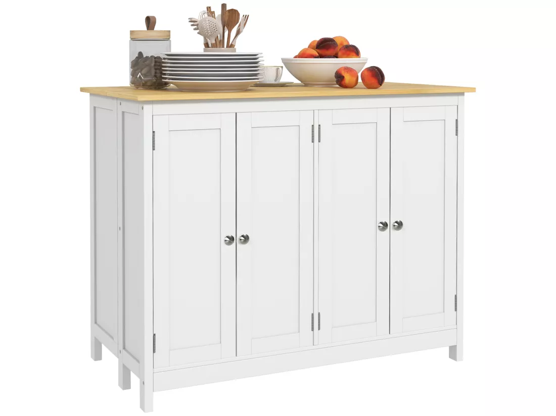 Ensemble îlot central de cuisine avec 2 tabourets de bar - 4 portes, 2 étagères - plateau, pans rabattable - MDF blanc chêne clair verni