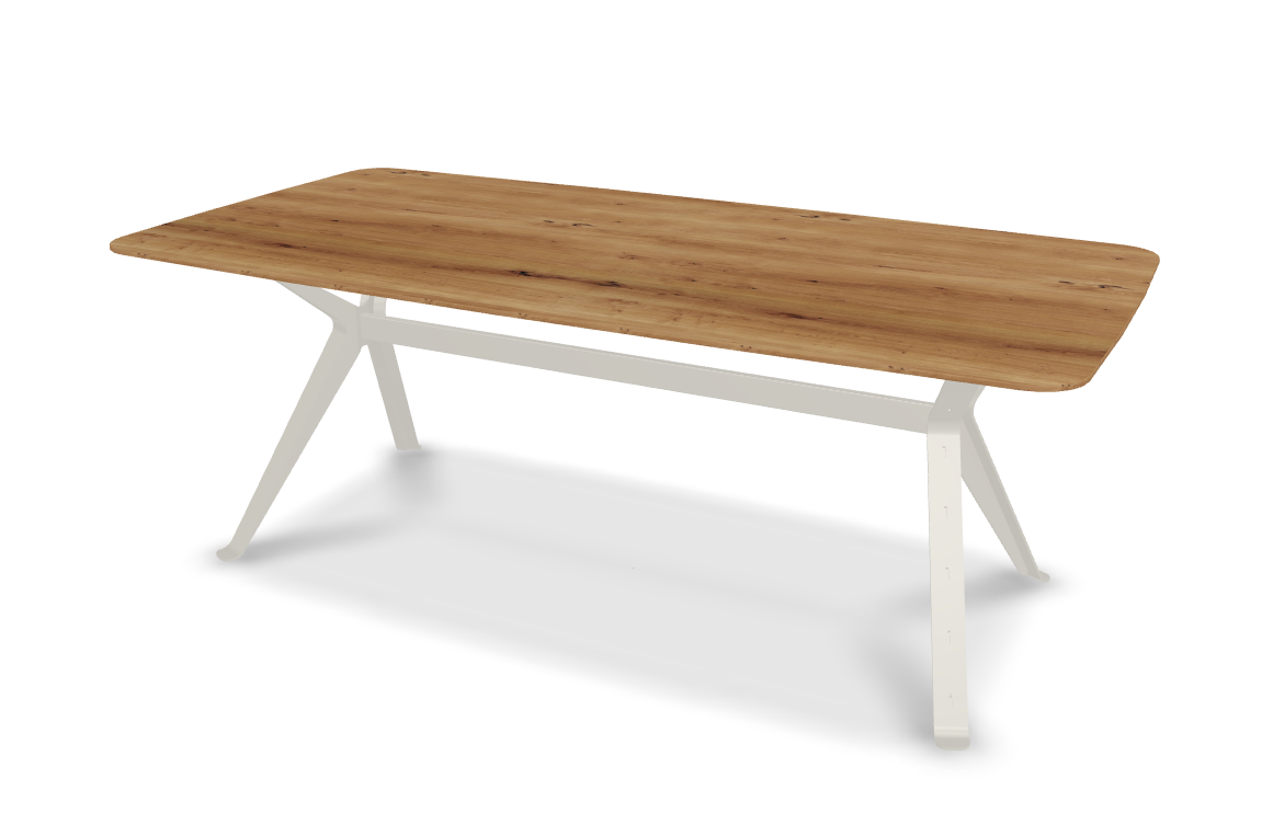 They & Me eettafel Chat – bootsvorm – eiken rustiek lak – RAL9010 zuiverwit 200 x 100 x 75 | Eiken Rustiek lak | Rechte Rand | Frame RAL9010 zuiverwit