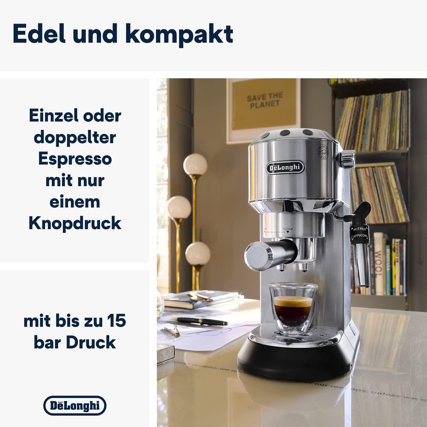 De'Longhi Dedica Style EC685.M, Machine à Expresso avec Buse à Mousse de Lait Professionnelle, Seulement 15 cm de Large, Réservoir de 1 L, Boîtier en Métal, Compatible avec les Dosettes E.S.E, Métal