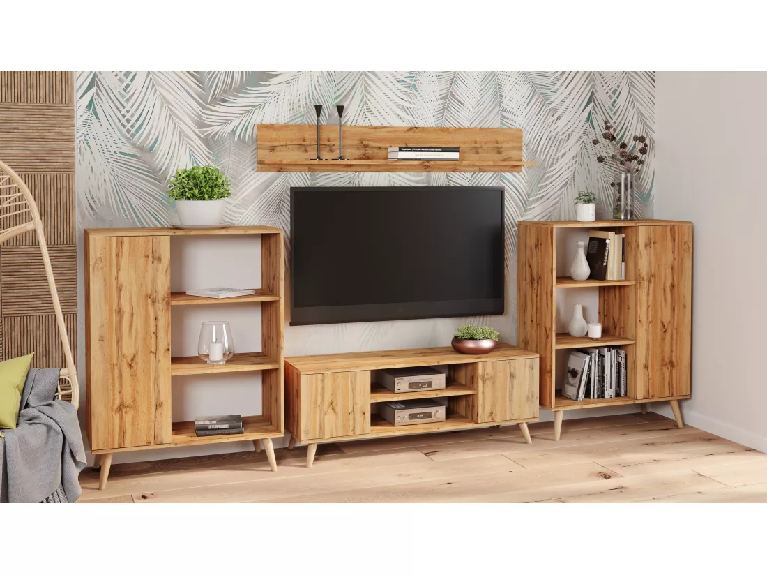 Meuble TV Focus chêne doré, pieds bois, style scandinave