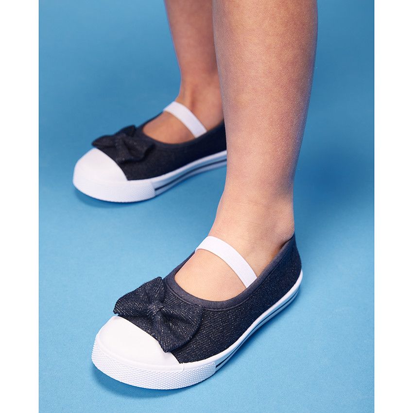 Babies en toile et lurex avec nœud et lanière élastiquée pour fille - Bleu marine