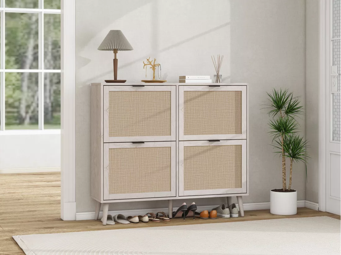 Meuble à chaussures rétro blanc à 4 portes, look en rotin, double étagère, 105 cm, avec fond arrière, idéal pour couloir et espaces similaires