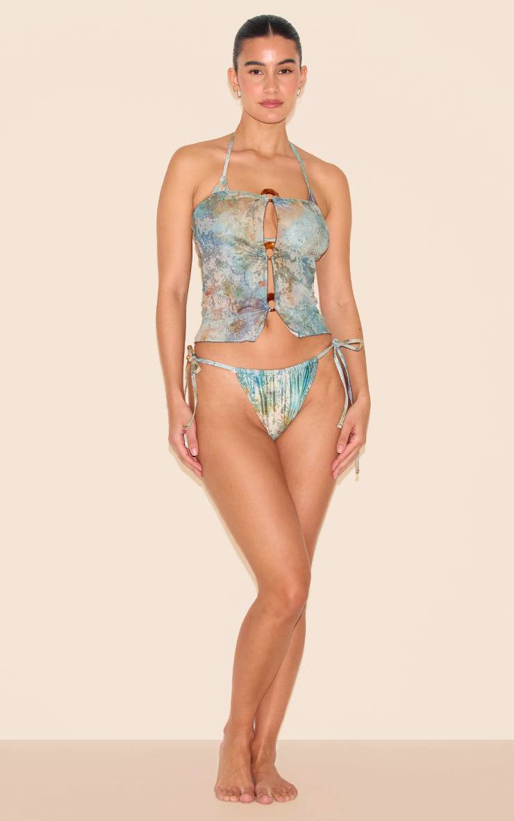 Vert Haut De Plage Bandeau À Imprimé Marbré Avec Détail Anneau En O