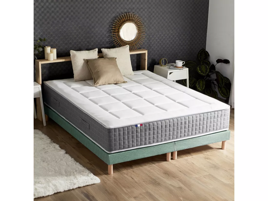 Ensemble Matelas Ressort 7 zones H.28cm + Sommier Fabriqué en France MAX Dimensions - 160 x 200 cm, Sommier - Vert celadon