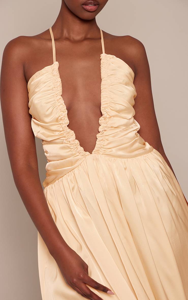 Citron Robe Longue Satinée Col Licou Avec Détail Froncé