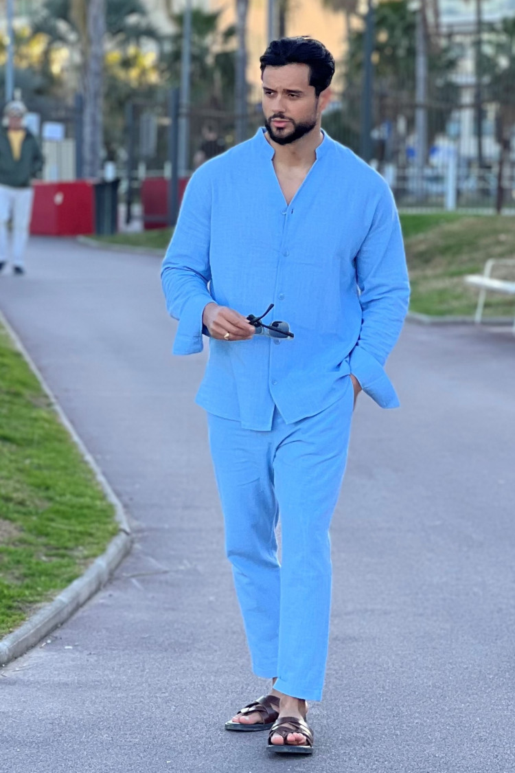 Ensemble 2 pièces chemise + pantalon effet lin bleu clair
