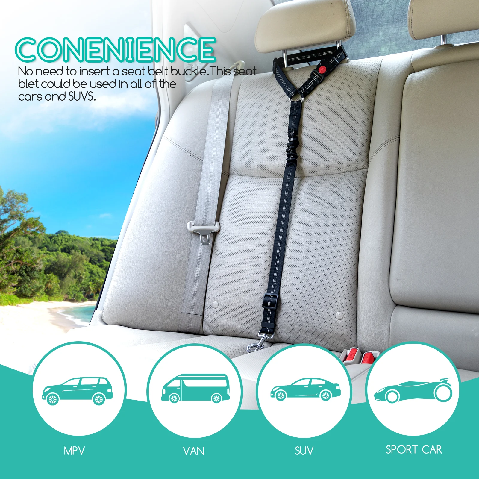 Nobleza - Cinto de Segurança Automotivo para Cães, Arnês para Cães com Elástico e Faixas Refletoras, 2 Peças de Correias de Segurança Ajustáveis para Encosto de Cabeça do Carro, Preto