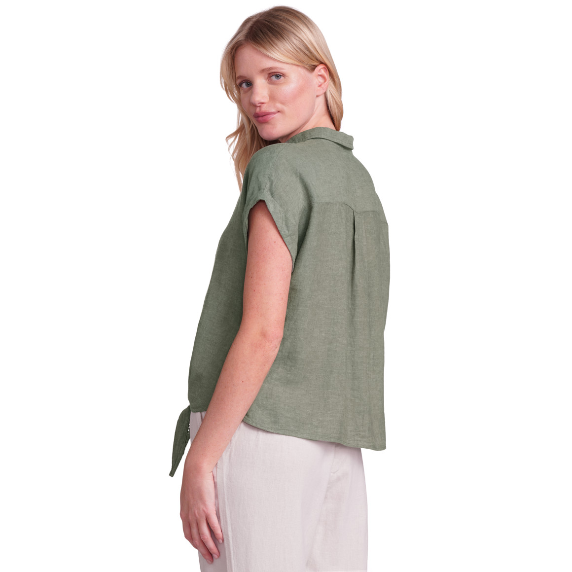 Gina Benotti Damen Leinen-Bluse mit Knotendetail dunkelgrün