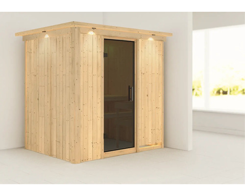Karibu Wanja plug & play sauna zonder kachel, met dakrand en grafietkleurige volledig glazen deur