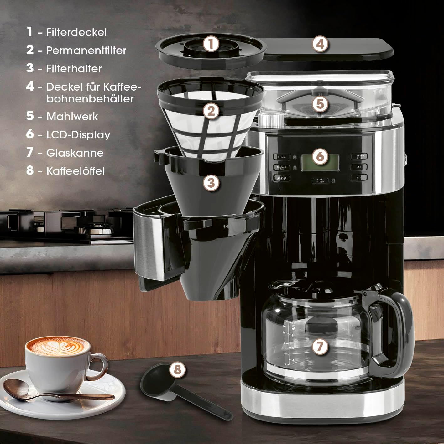 Barista Filterkaffeemaschine mit verstellbarem Mahlwerk & Glaskanne | Warmhaltefunktion, 24h Timer & Permanentfilter | Für 10 Tassen Kaffee | Kaffeemaschine für Bohnen & Pulver [Edelstahl]
