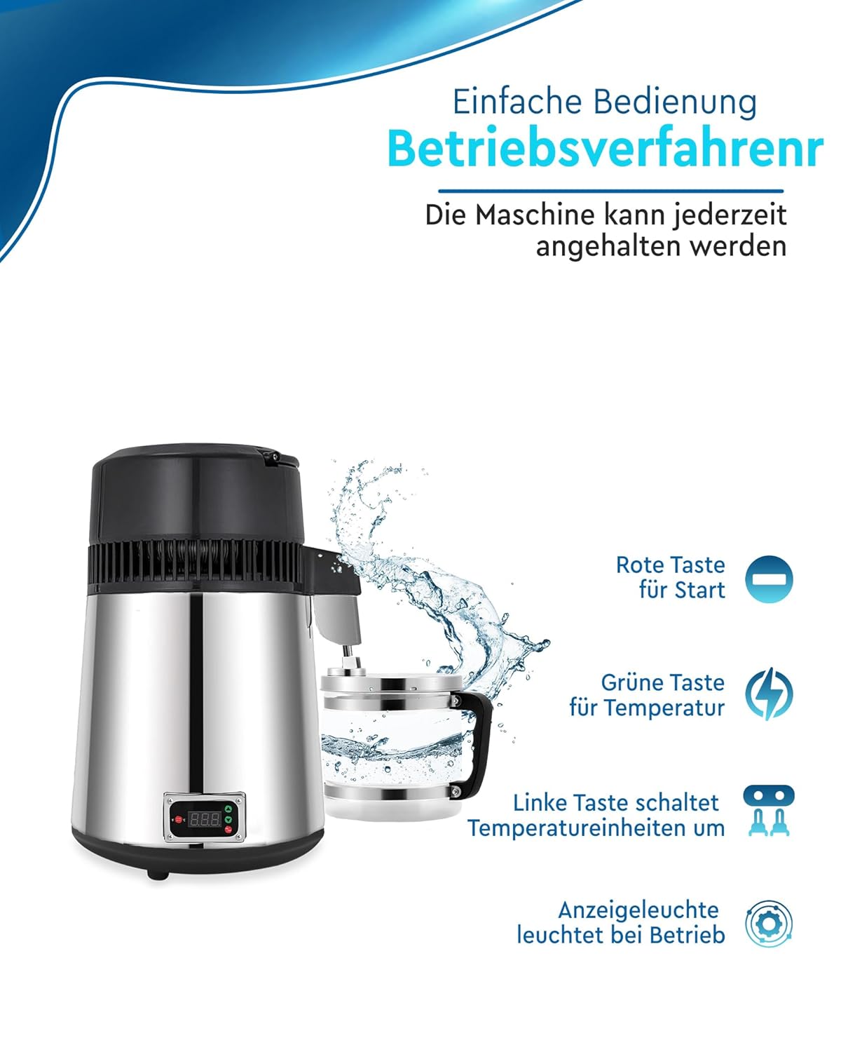 FoundGo Edelstahl Wasserdestilliergerät [750W 1L/H] Automatischer Wasserdestillierer für Reines Trinkwasser inkl. Glaskanne Deutsche Gebrauchsanweisung