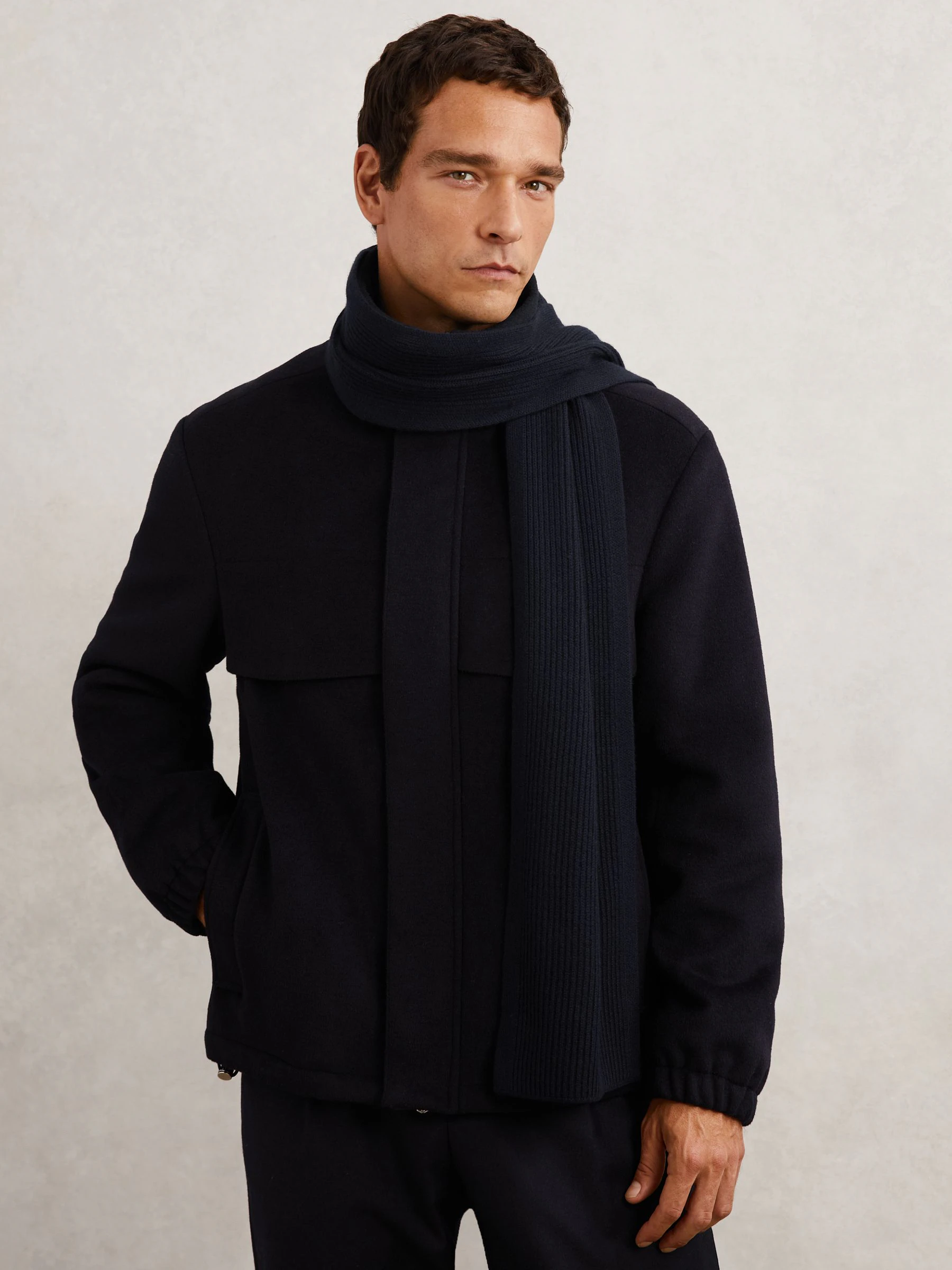 Marineblauw - Reiss Chesterfield Merino Wool Rib-Knit Scarf