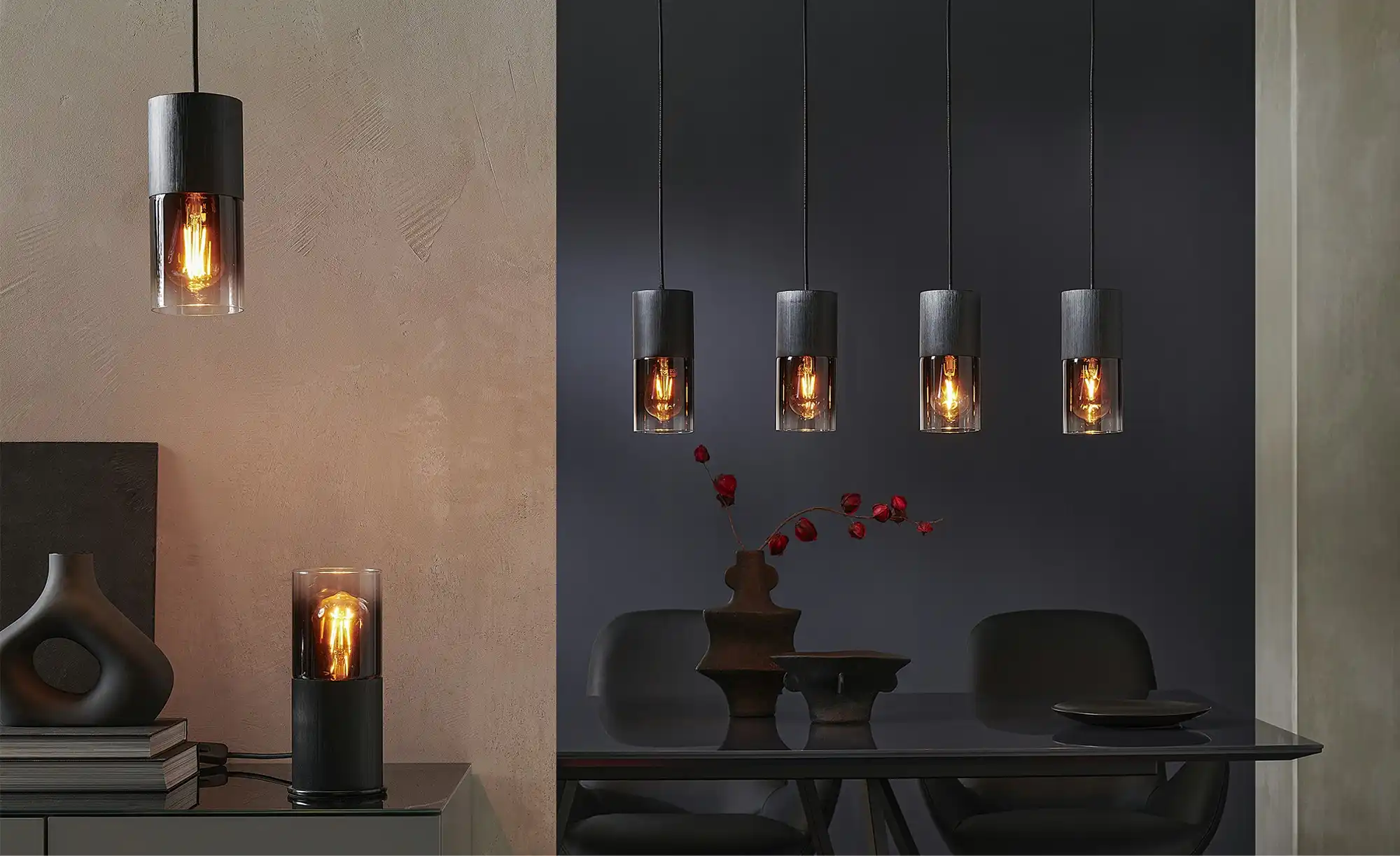 Trio Pendelleuchte, 1-flammig, Rauchglas schwarz