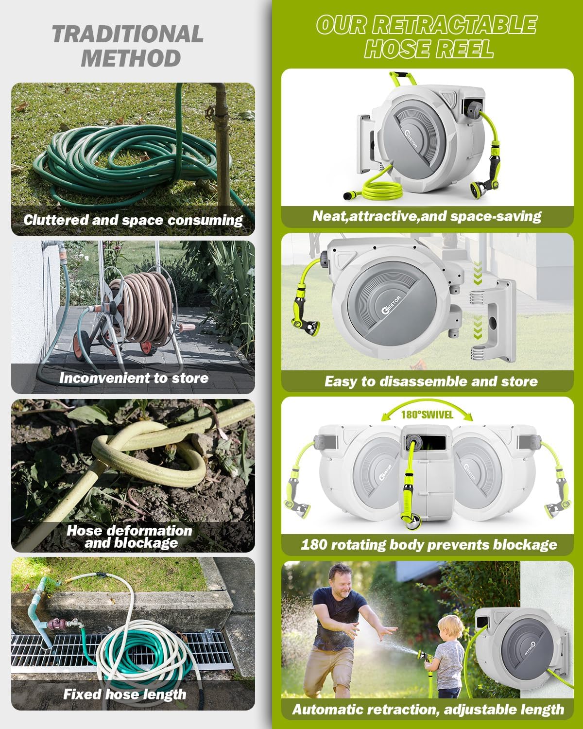 Wandmontage Schlauchtrommel 45m + 2m, Automatik-Aufrollung, Längenstopp, 180° Schwenkhalterung & 10 Sprühmodi für Garten, Rasen & Autowäsche