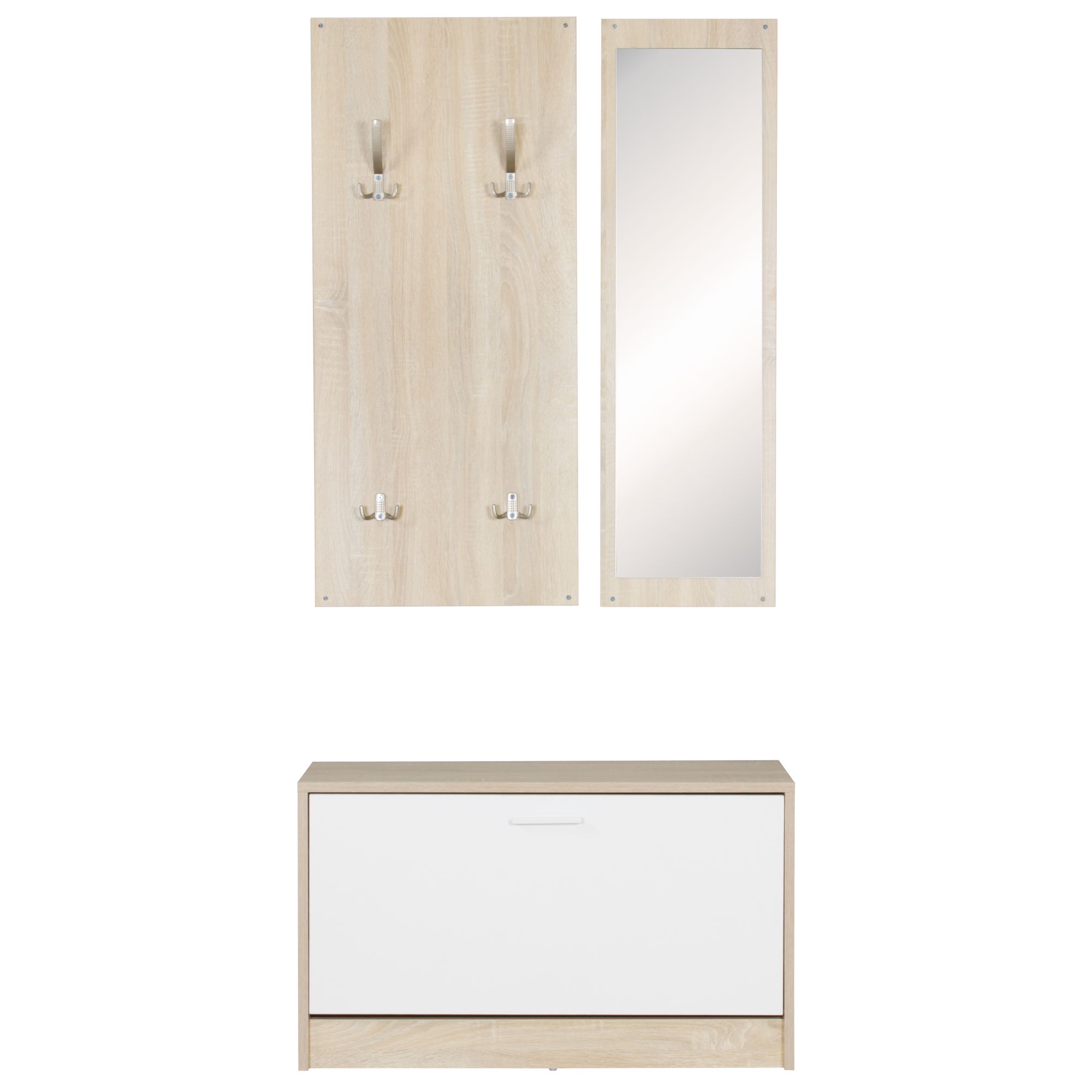 KADIMA DESIGN Wandgarderobe DELFT mit Spiegel: Weiß, Platz für 8 Paar Schuhe, 10 Metallhaken, Melaminharzbeschichtung