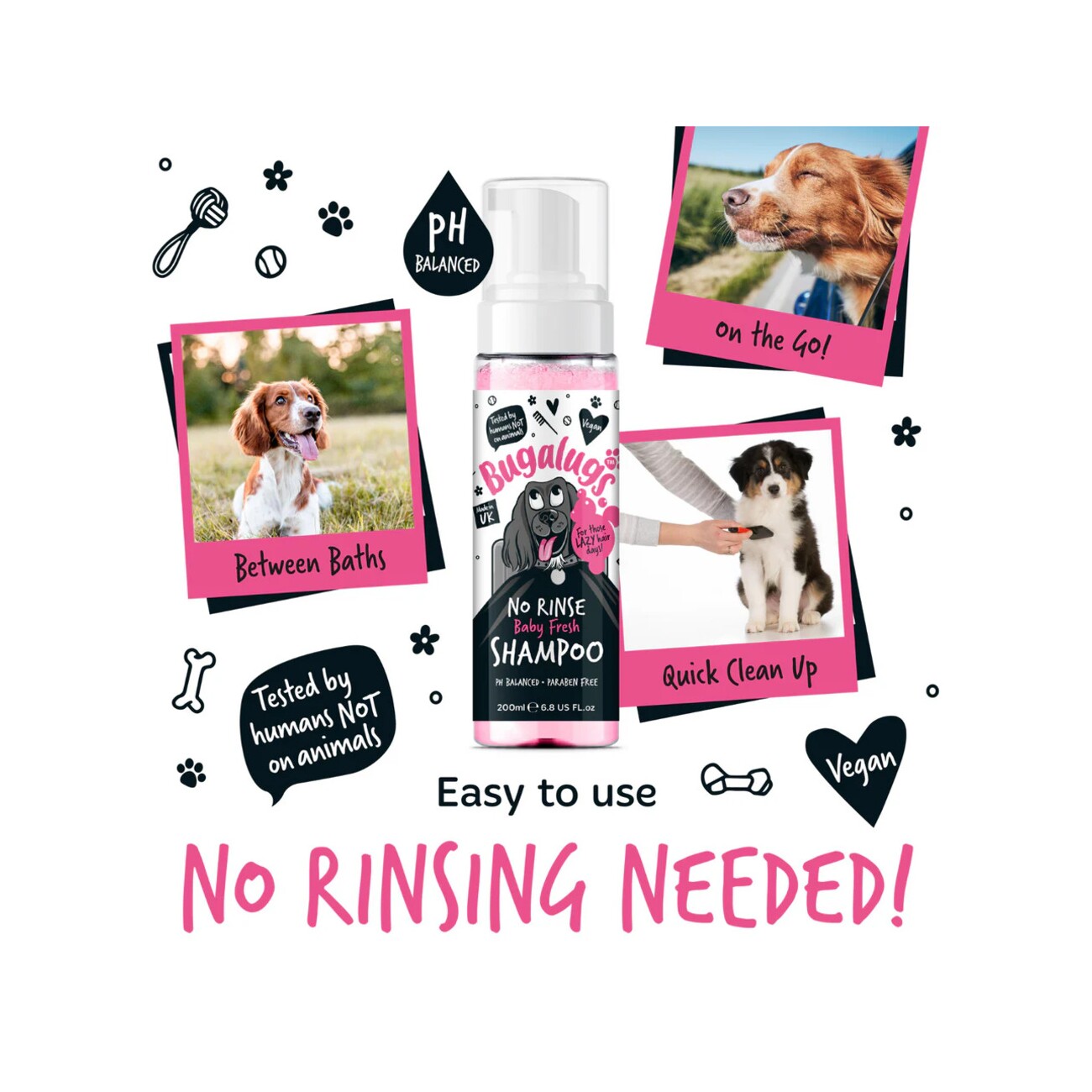 Bugalugs No-Rinse Baby Fresh Shampoo – Sanftes, Rückfettendes Pflegeshampoo für Hunde & Katzen | Wasserlose Fellpflege
