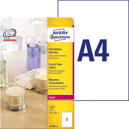 Avery Zweckform L7784-25 Kristallklare Etiketten,A4 210 x 297 mm, 25 Bogen/25 Etiketten, transparent