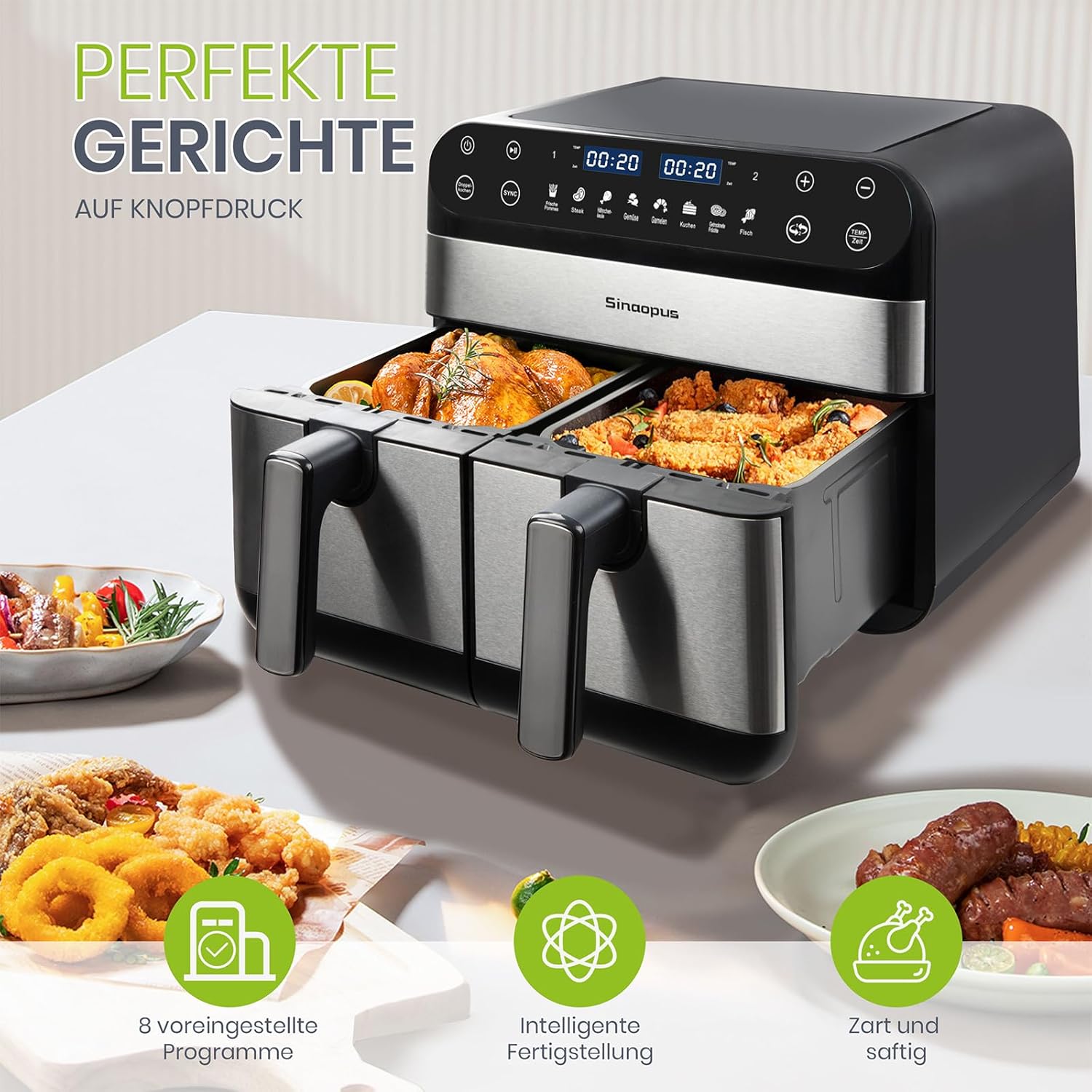 Heißluftfritteuse 2 Kammern,Dual Zone Heißluftfritteuse 10L – Doppelkammer XXL 2400 W, LED-Touchscreen, 8 Programme, Friteuse Heissluft ohne Öl, Airfryer mit 2 Körben(10L)