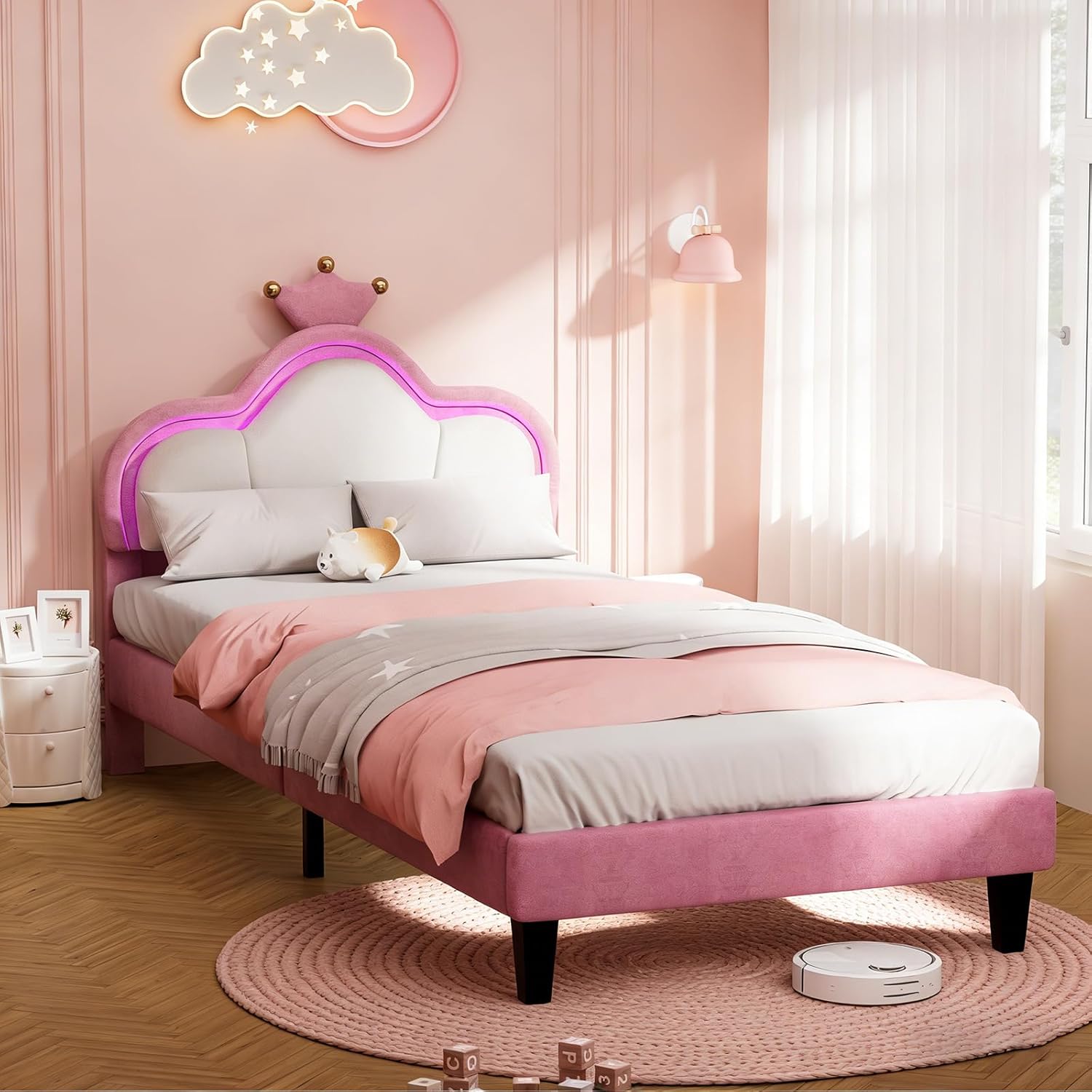 Artswish Polsterbett Kinderbett 90x200 cm, Mädchenbett Prinzessinnenbett mit Lichtleiste, Verstellbares Kopfteil, Bett mit Lattenrost (ohne Matratze), Einzelbett für Schlafzimmer, Loft, Rosa Lila