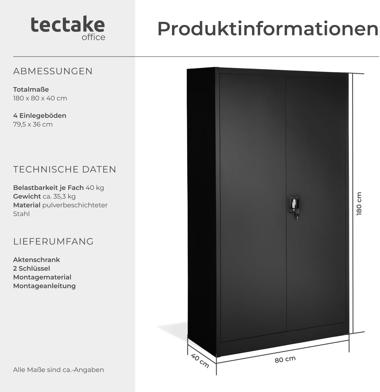 tectake® Aktenschrank, Büroschrank abschließbar, Mehrzweckschrank aus Stahl, Allzweckschrank mit 2 Türen, inkl. 3 höhenverstellbare Einlegeböden, Aktenschrank abschließbar 180x80x40 cm - schwarz