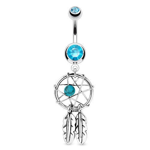 (10mm) 316L Chirurgenstahl Bauchnabelpiercing mit Gewindeverschluss Dreamcatcher Anhänger - Silber / Blau