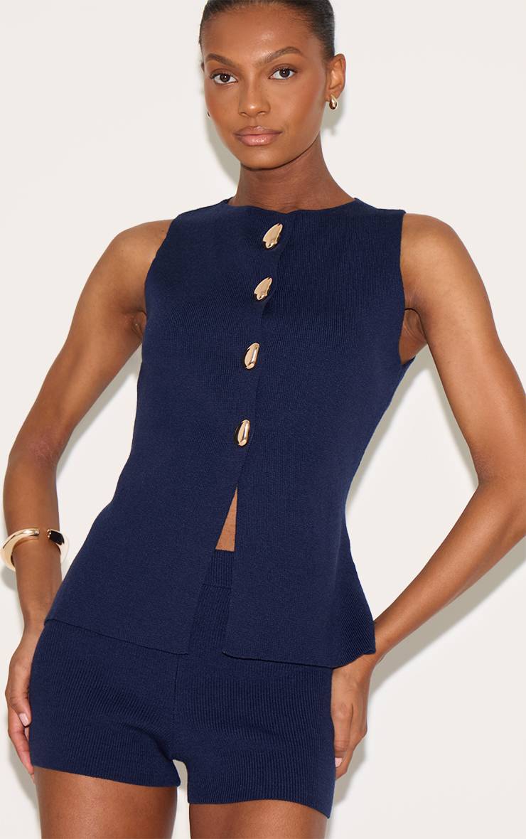 Bleu Marine Gilet Boutonné En Maille Compacte