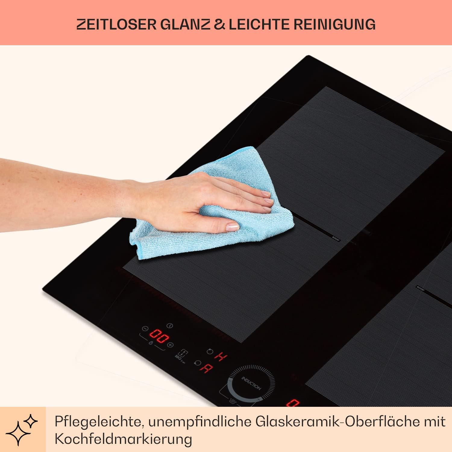 Klarstein Induktionskochfeld, Glaskeramik Kochfeld, mit 4 Platten, Einbau mit Touch-Display, Digitalanzeige und Timer-Funktion, Schnelles Aufheizen, 7000 Watt