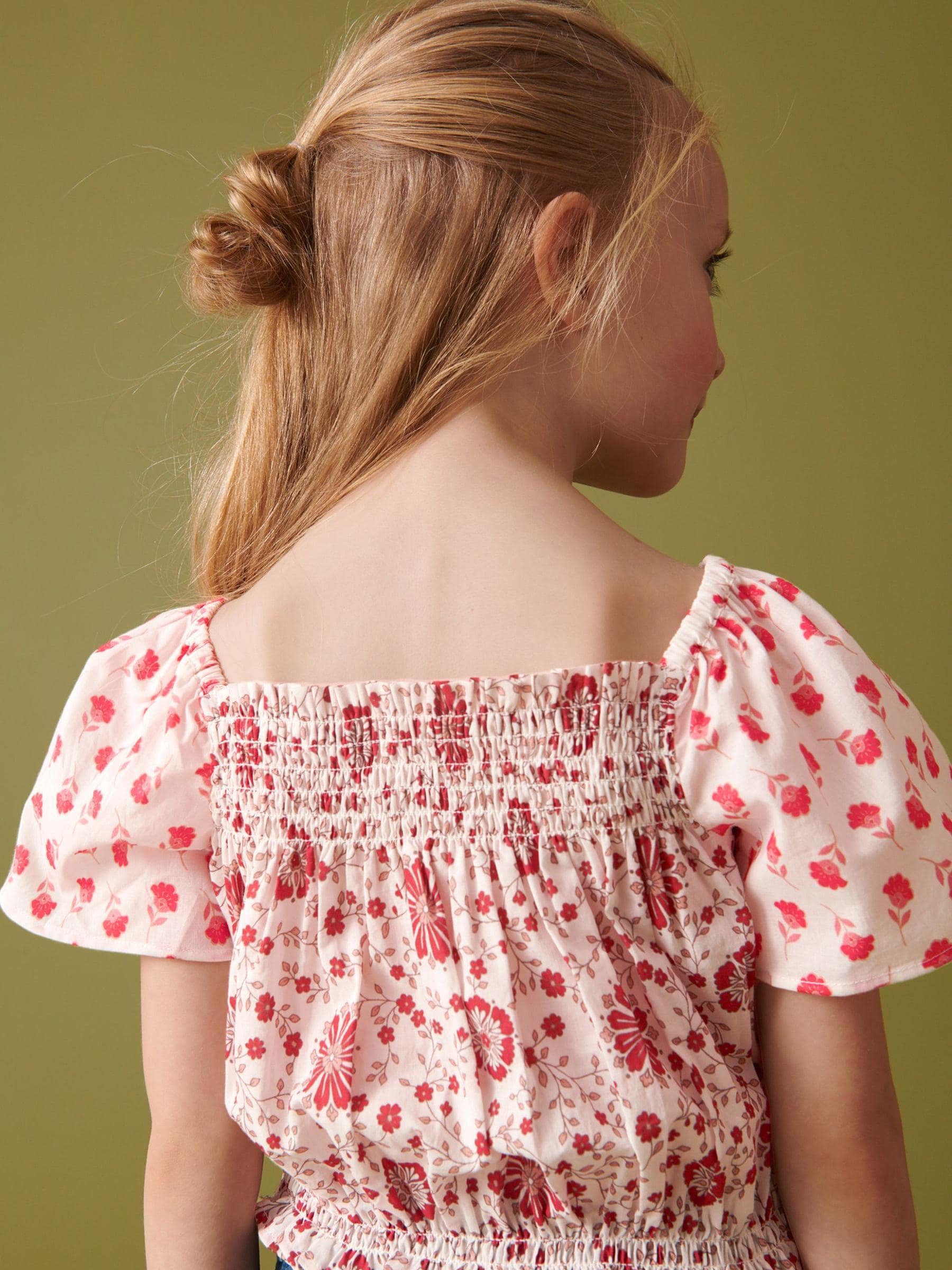 Rood bloemmotief - Gesmokte katoenen blouse (3-16jr)