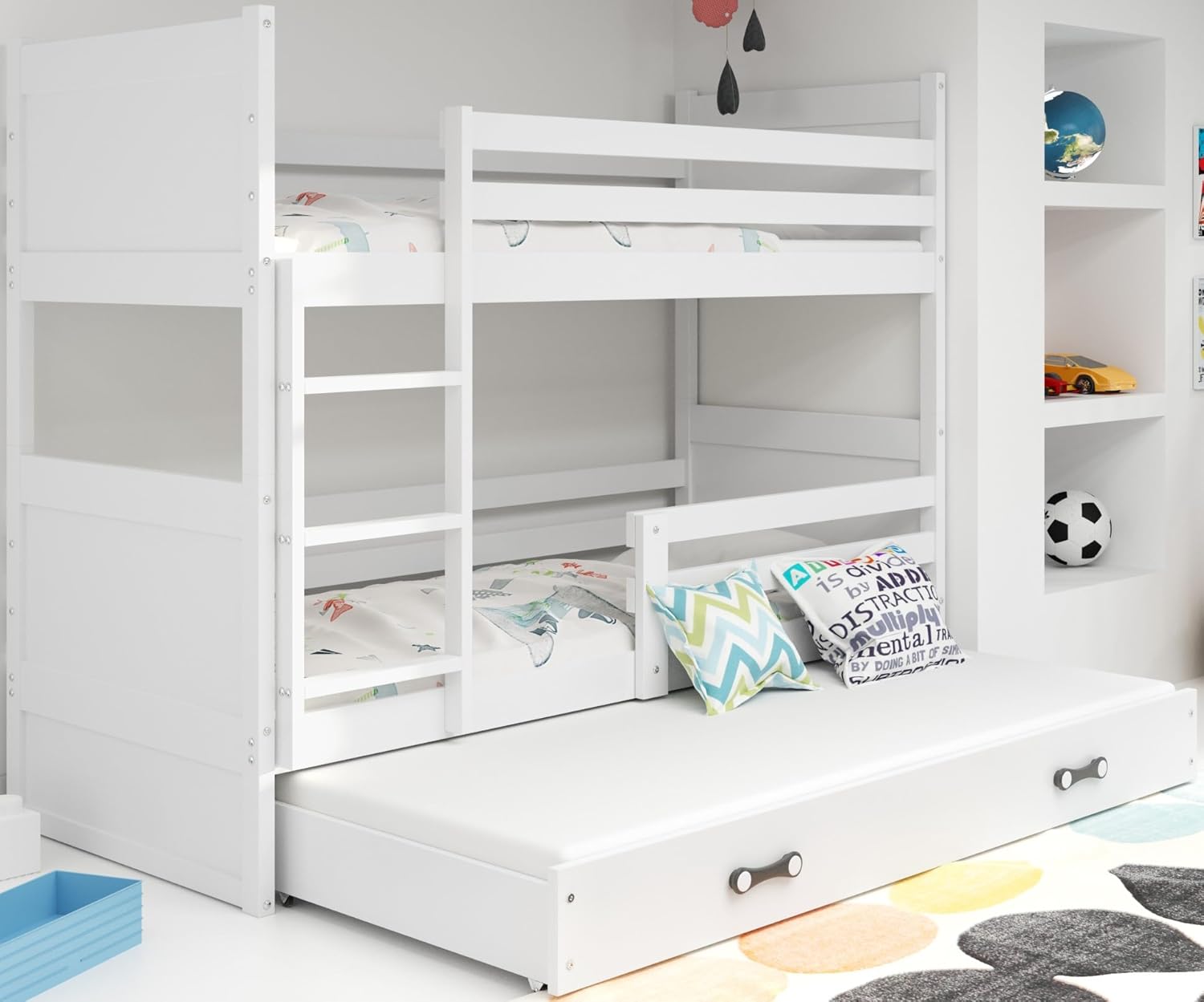 Interbeds Etagenbett für 3 Kinder Stockbett Hochbett 200x90 cm Holzbett Kiefernholz Kinderbett zusätzlicher Schlafplatz in der Schublade Jugenbett mit Lattenrost und Rausfallschutz