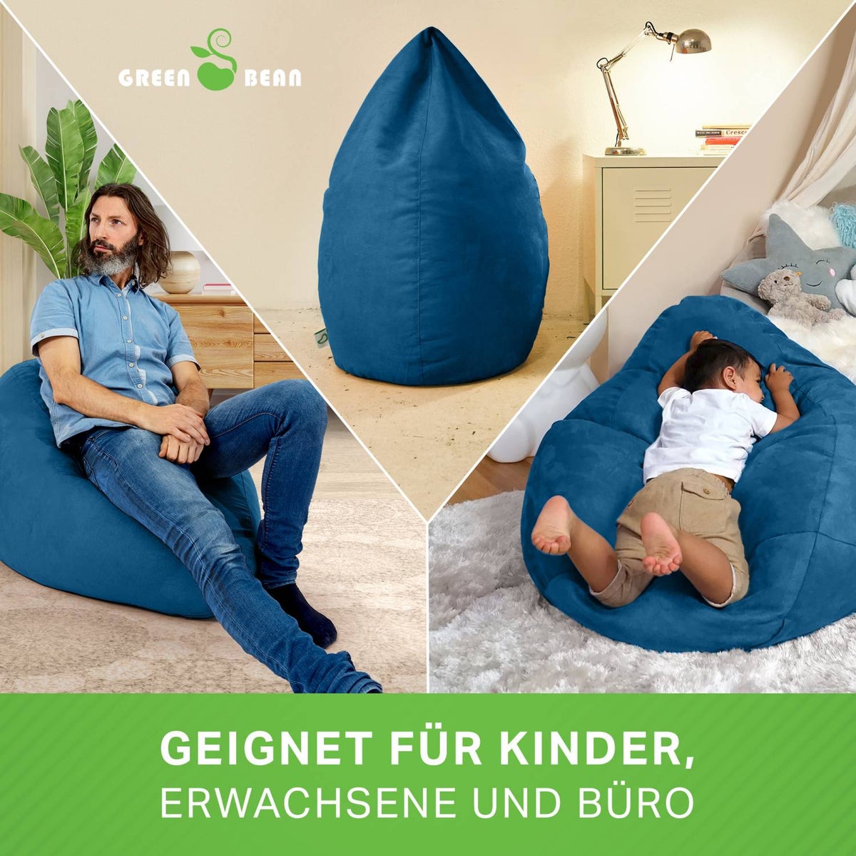 Green Bean Zitzak met rugleuning 60x60x90cm - Binnenzitkussen 220L vulling, comfortabel, wasbaar - Zitzak vloerkussen, loungestoel, voetenbank - blauw