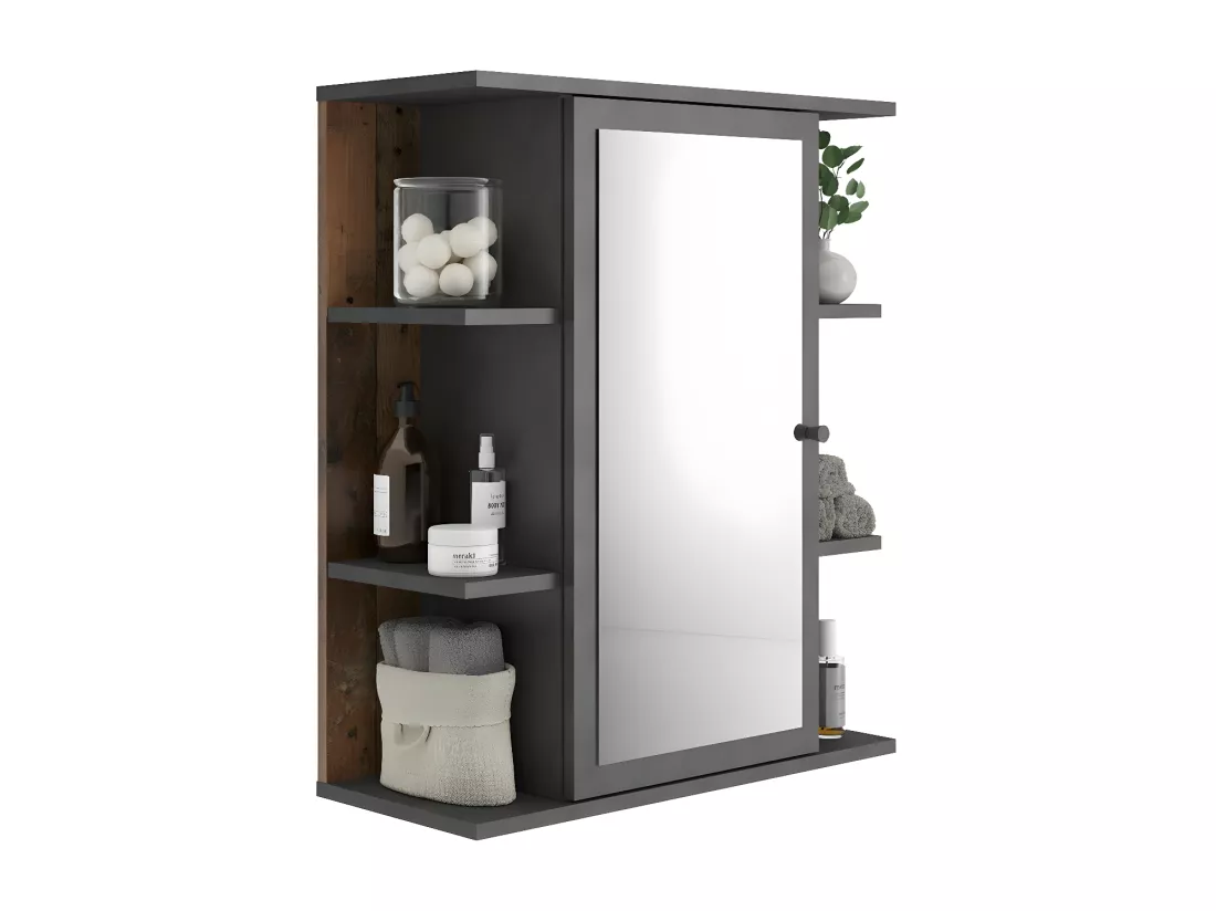 Meuble Haut de Salle de Bain 1 Porte Miroir et 6 Niches - Madoc