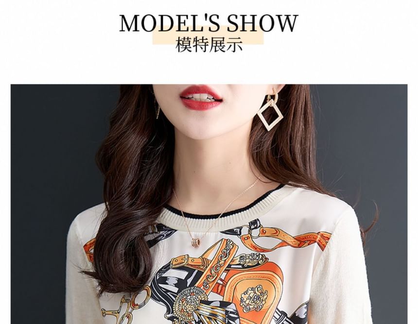Kwuartz - Gebreide top met lange mouwen, ronde hals en print en contrasterende bies