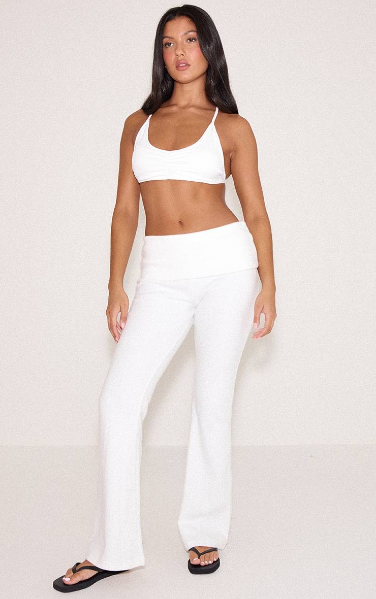 Crème Ensemble Coordonné À Taille Haute Repliable Et Jambes Évasées En Tissu Doux