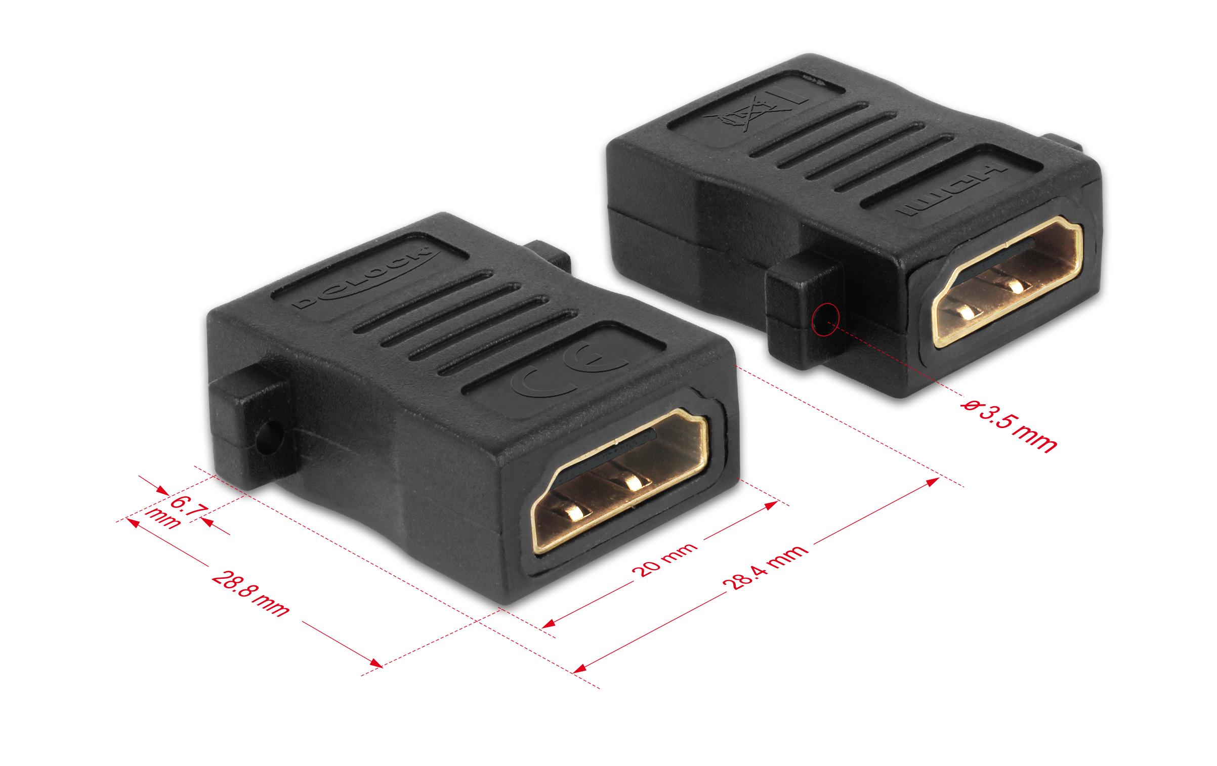 Adapter HDMI - HDMI, mit Schraubanschluss, 1 StückDelock Adapter HDMI-A Buchse > HDMI-A Buchse mit Schraubanschluss