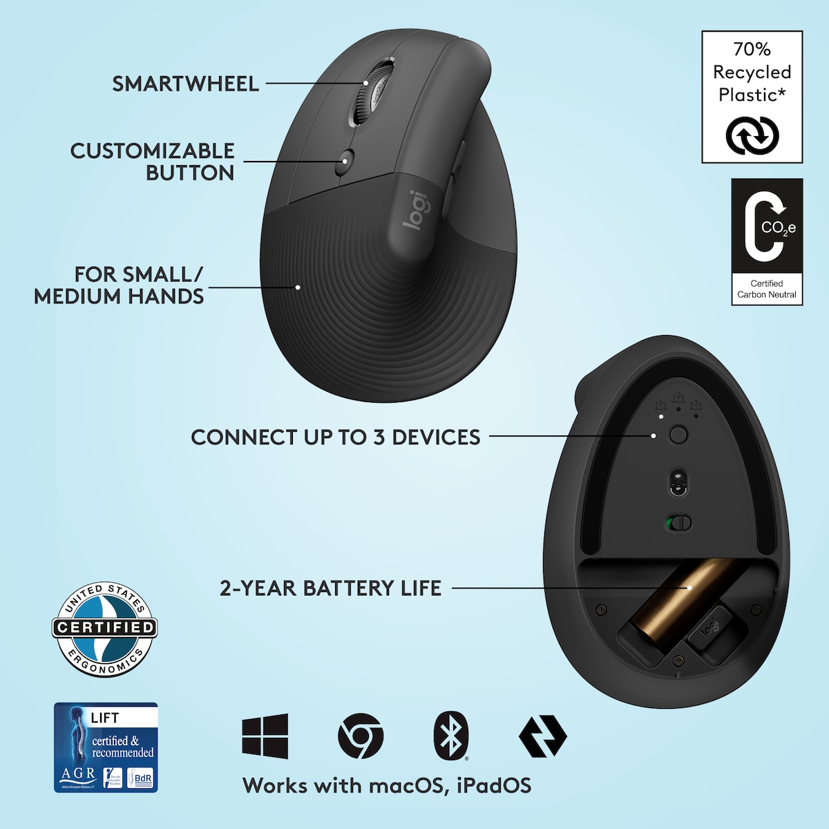Logitech Lift Left Vertical trådløs mus (grafitt)