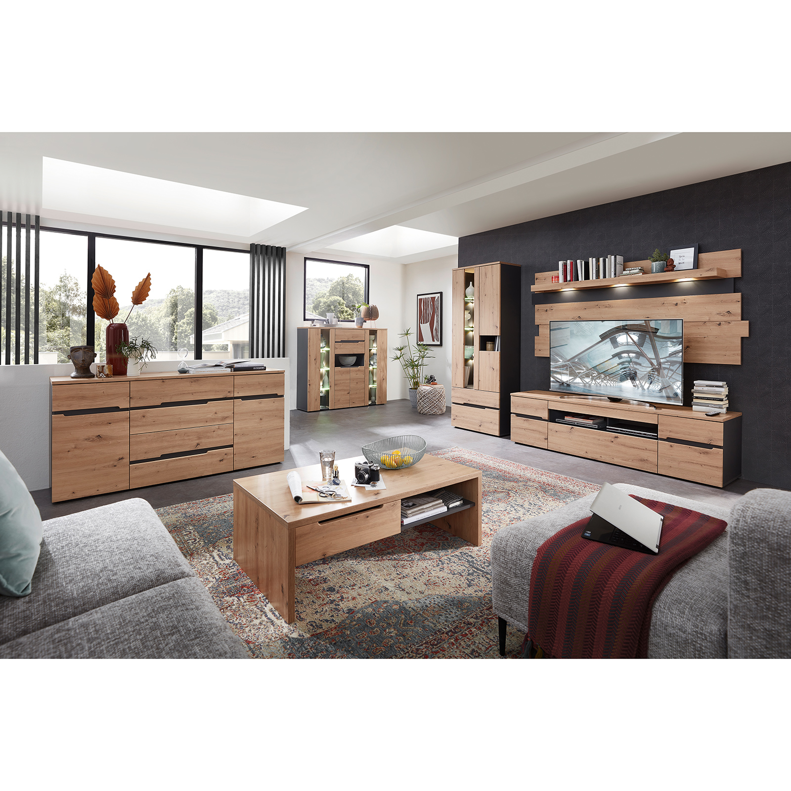 Standvitrine - Artisan Eiche - Graphit - mit Beleuchtung