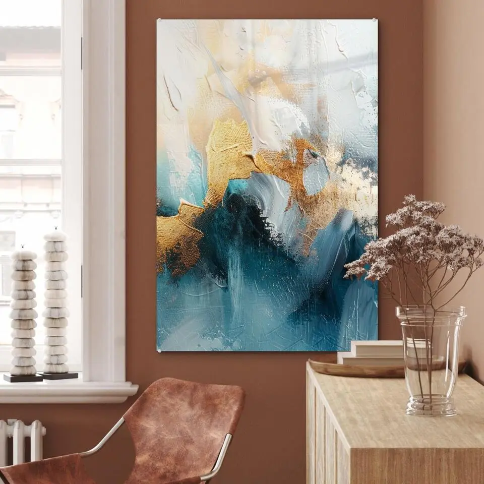 MuchoWow Glasschilderij 60x90cm Abstract Kunst Gold Blauw