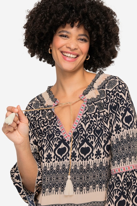 Tunika-Bluse, Alloverdruck, Tunika-Ausschnitt, 3/4-Ärmel