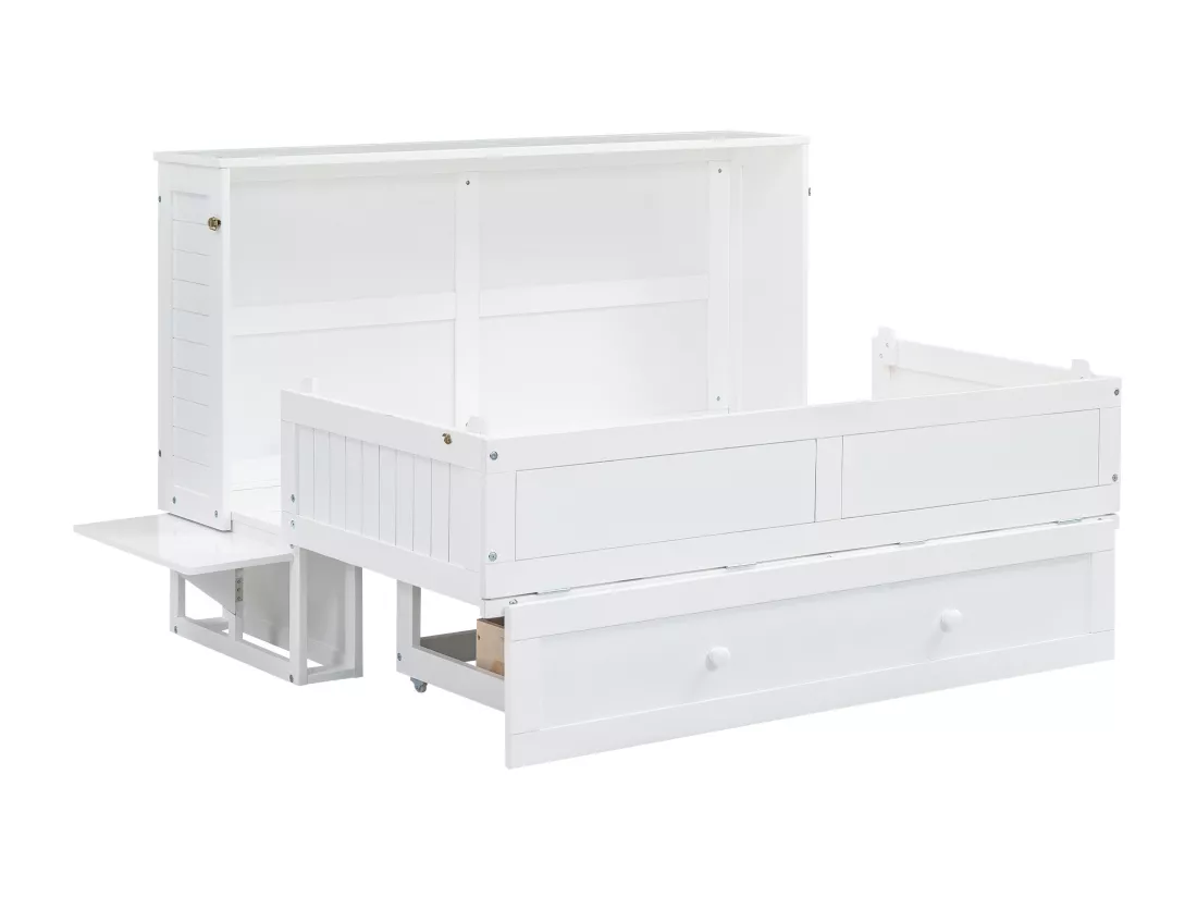 Lit escamotable mobile - 140 x 200 cm - lit convertible - tiroirs et étagère - pin et MDF - blanc