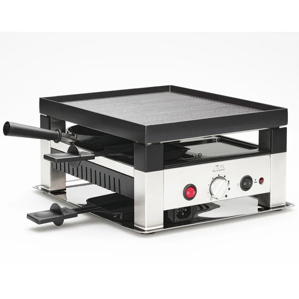 4in1 Raclette & Pizza Grill Crêpes Tischgrill mit Anti-Haft Platte inkl. Pfännchen / Schaber / Pizzateig Ausstecher (97760)