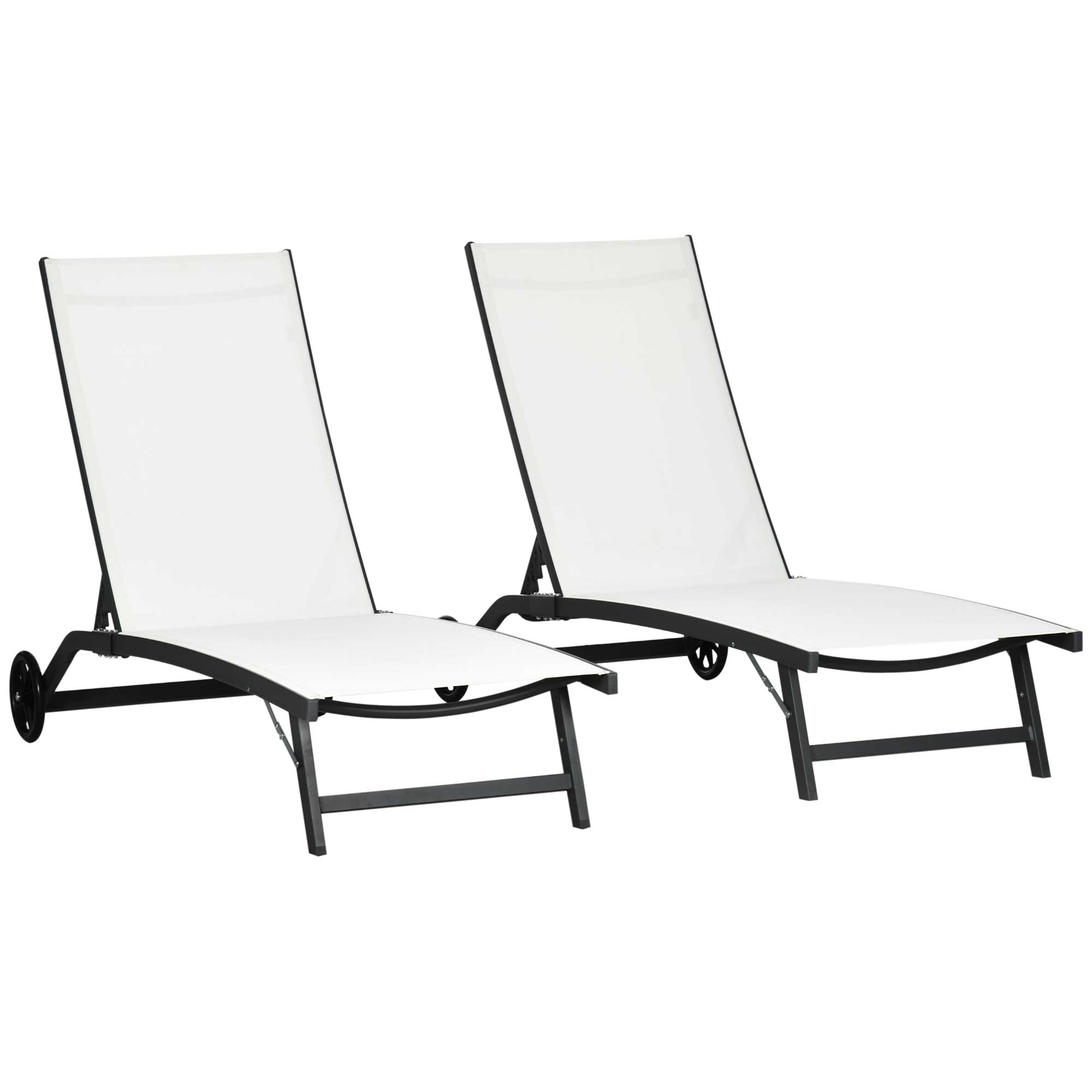 Conjunto de 2 espreguiçadeiras reclináveis Outsunny para jardim, cadeiras de alumínio para exterior com encosto ajustável em 5 níveis e rodas para praia e piscina, 165x66x102 cm, creme.