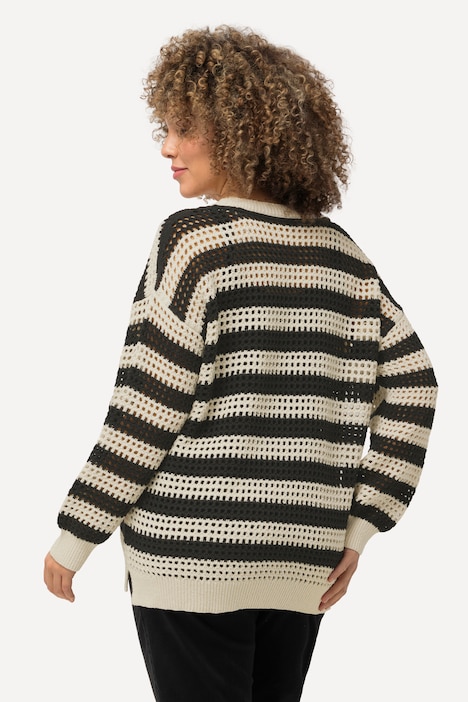 Häkelpullover, Streifen, Oversized, Rundhals, Langarm