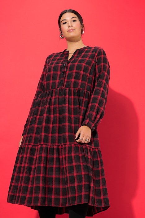 Midi-Flanellkleid, Karo, Tunika-Ausschnitt, Langarm