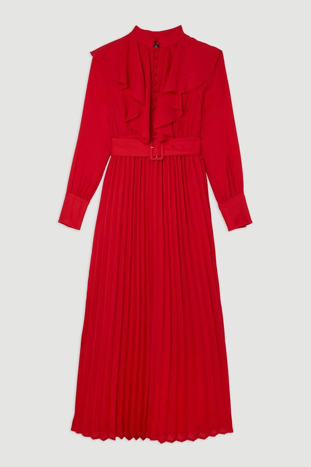 KarenMillen Robe Midi Tissée à Manches Longues en Georgette à Volants
