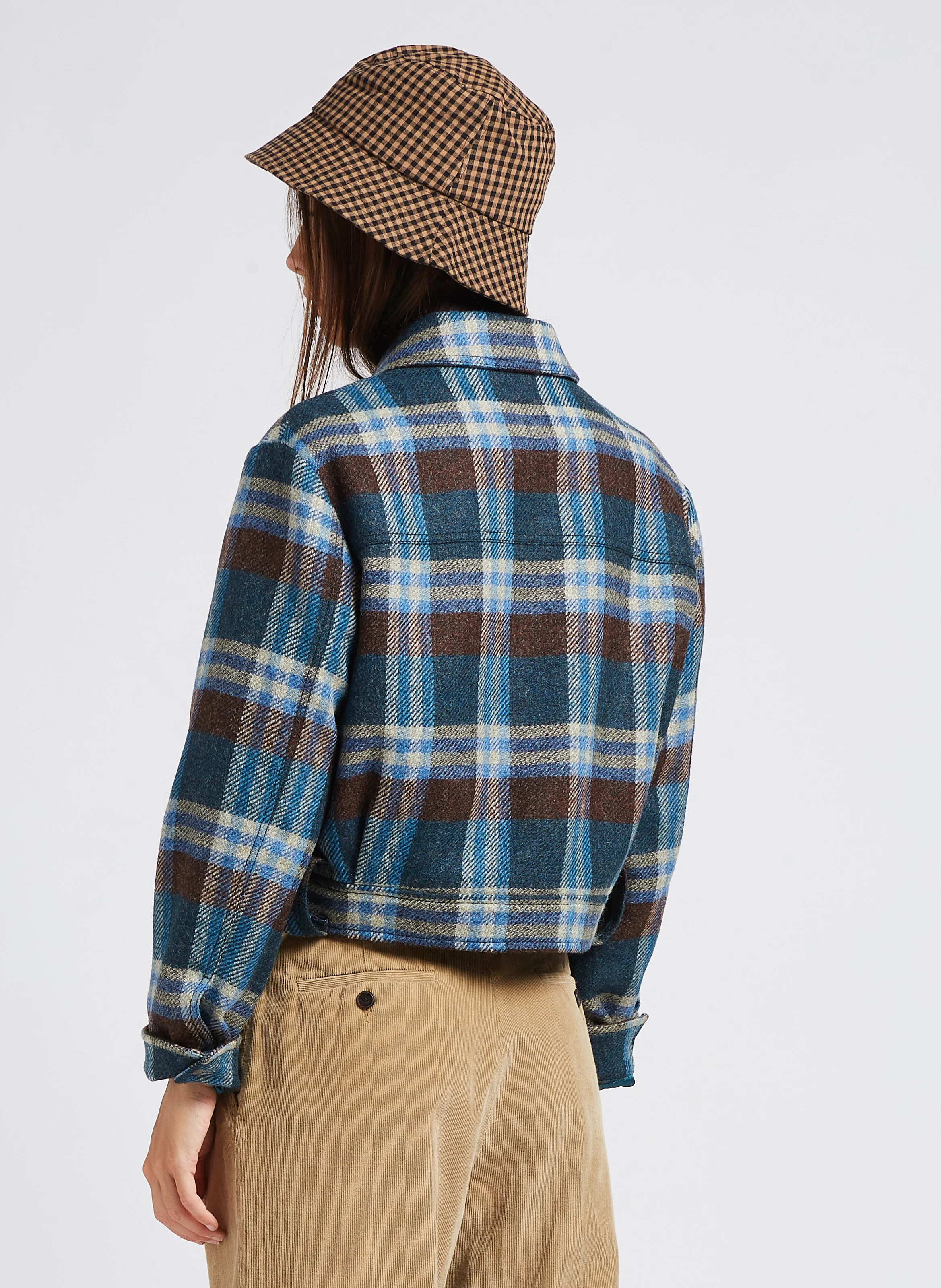 Veste courte col classique à carreaux en laine | Bleu