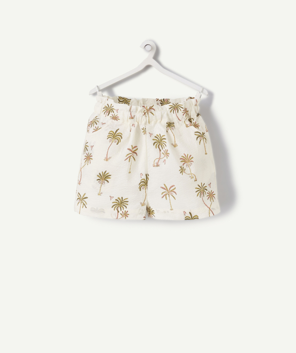 SHORT BÉBÉ FILLE ÉCRU EN COTON GAUFRÉ IMPRIMÉ PALMIERS