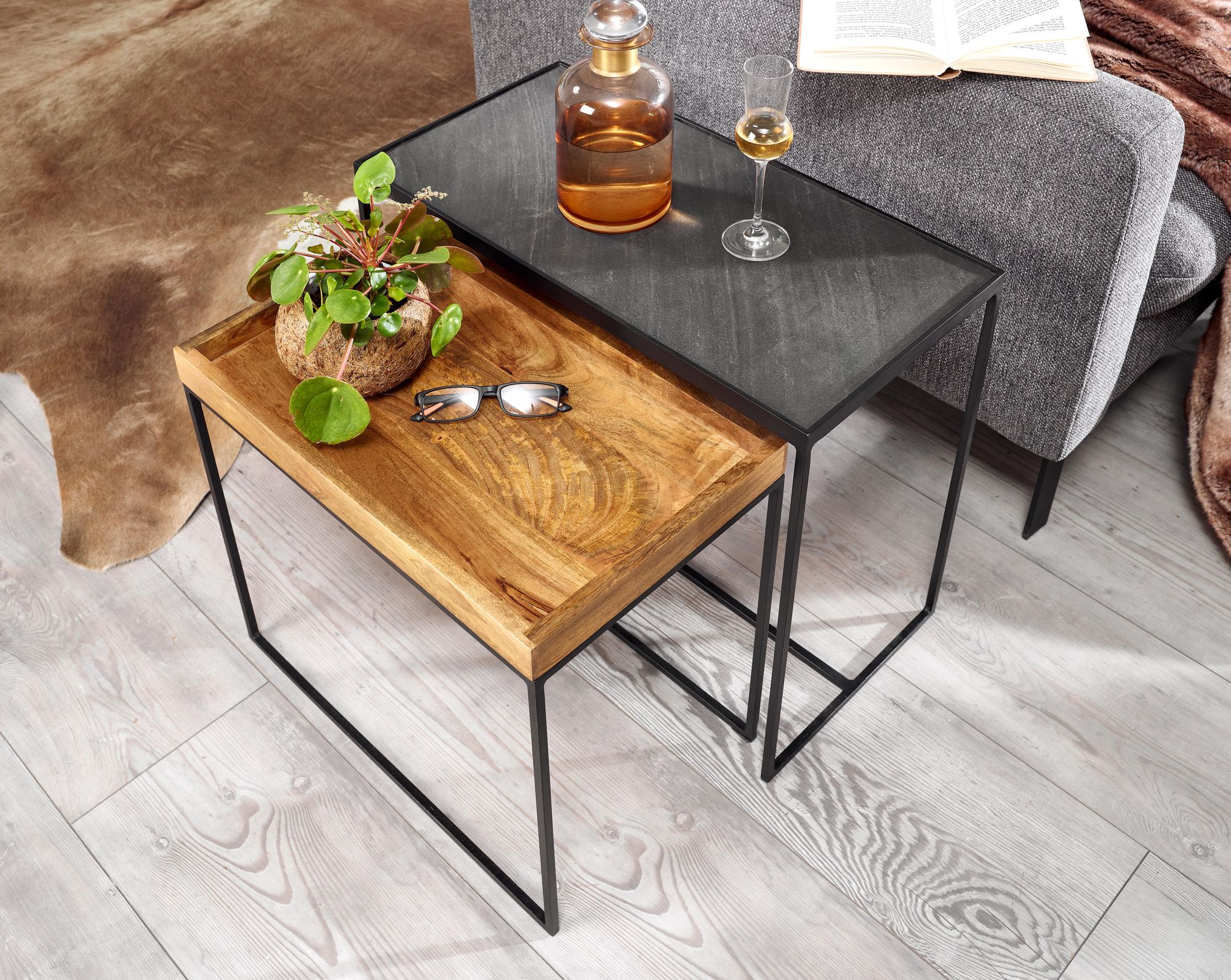 Beistelltisch FineBuy Satztisch Massivholz Stein 2 teilig Couchtisch Tisch Set