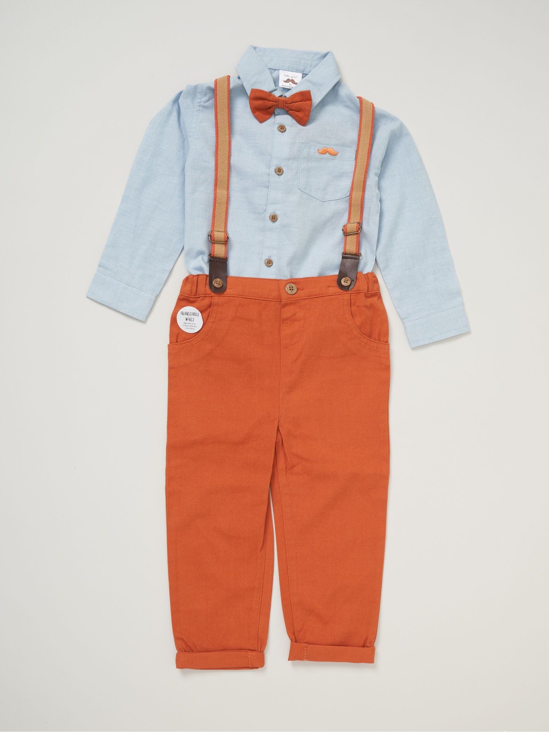 Donkerblauw - Little Gent overhemd en broek met bretels en sierstrik van imitatie 100% katoen